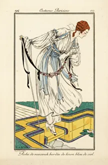 Marcel Gallery: Woman in nainsook dress bordered with sky-blue linen