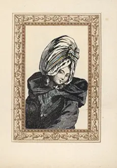 Coiffures Prints: Woman in a night cape and large Voluptuese bonnet