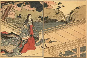 Woman of the nobility or courtier in silk kimono walking