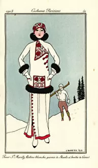 Images Dated 13th April 2019: Woman in outfit for St. Moritz in embroidered white frieze