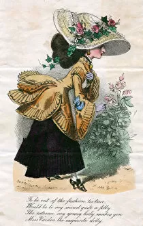 Woman in an oversized hat on a comic greetings card