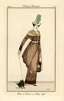 Woman in panier dress in coffee-coloured satin