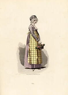 Woman in pansy dress with straw-coloured apron
