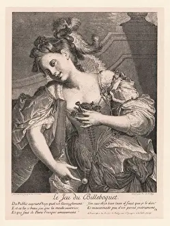 Woman playing the game of cup and ball, billeboquet
