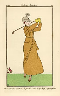 Lemon Collection: Woman playing golf in a loosely pleated toile suit