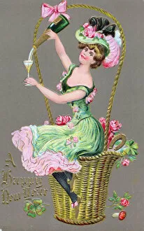 Wickerwork Gallery: Woman pouring champagne on a New Year postcard