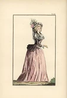 Versailles Prints: Woman in puce taffeta caraco over a petticoat