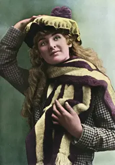 Scarves Prints: A woman in a purple and yellow hat, and matching scarf