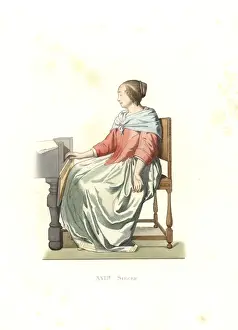 Spinet Prints: Woman of quality seated at a spinet, Holland, 17th century