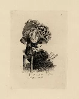 Modes Collection: Woman reading a book wearing a giant bonnet, era of