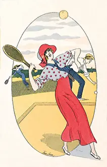 Blouse Prints: Woman in red blouse playing tennis Date: 1905