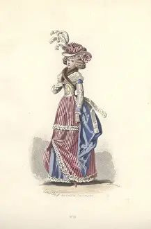 Directoire Prints: Woman in revolutionary tricolor outfit: striped