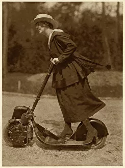 Hilda Gallery: Woman riding a motorised scooter, WW1