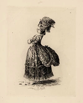 Coiffures Gallery: Woman in satin dress a la Polonaise, era of Marie Antoinette