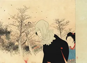 Woman in scarf and kimono with maid walking