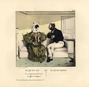 Petites Prints: Woman seated on a sofa flattering an ugly man