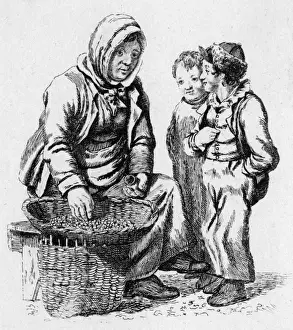 Woman selling cockles in Scotland, c. 1830
