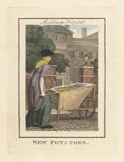 Bonnet Prints: Woman selling new potatoes at Middlesex Hospital, London, 1805