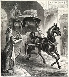 Posies Prints: Woman selling small bunches of flowers to passers-by as they drive pass. Date: 1873