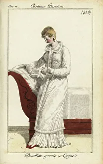Cosy Prints: Woman with short hair reading a letter. Paris, 1803
