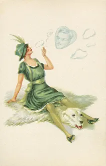 Images Dated 24th July 2019: Woman sits astride Polar bear rug and dreams of her beloved