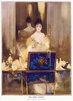 Jewel Prints: A woman sits at her dressing table contemplating the contents of her large jewellery box