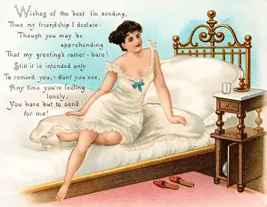 Bedside Prints: Woman sitting on a bed on a greetings card