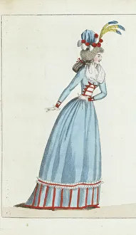 Fichu Prints: Woman in sky-blue satin gown and petticoat, 1791