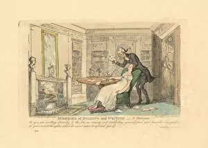 Woman sleeping at a desk while a man reads her secret