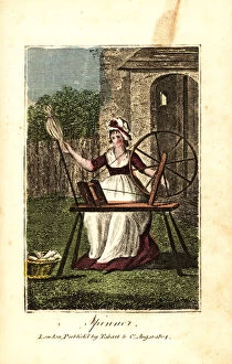 Apprentice Gallery: Woman spinner in bonnet and apron spinning