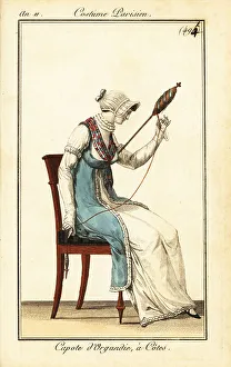 Fichu Prints: Woman spinning yarn with a spindle and distaff, Paris, 1803