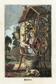 Apprentice Gallery: Woman spinning yarn on a spinning wheel in