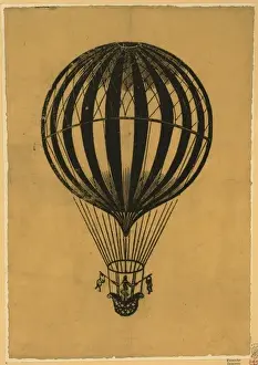 Woman stands in the basket of a balloon holding flags