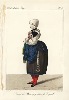 Woman of Sterzing, Tyrol, Switzerland, 19th century. In a pyramid-shaped bonnet of fluffy cotton. Handcoloured copperplate engraving by Georges Jacques Gatine after an illustration by Louis Marie Lante from Costumes of Various Countries, Costumes de Divers Pays, Paris, 1827. Date: Woman of Sterzing, Tyrol, Switzerland, 19th century