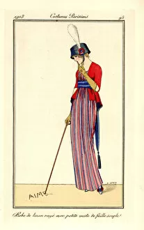 Orientalism Collection: Woman in striped linen dress and vest in soft ribbed silk