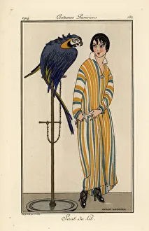 Midi Prints: Woman in striped nightgown with pet parrot