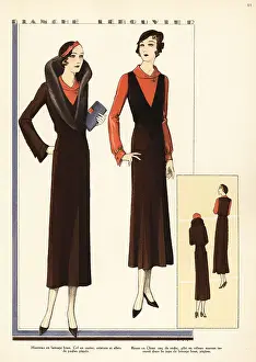 Woman in suit and coat of brown wool by Blanche Lebouvier, 1931