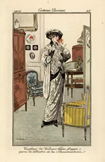 Woman in suit of white velvet decorated with otter