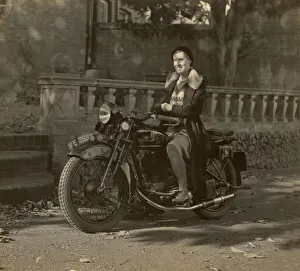 Beret Collection: Woman on Super Sunbeam motorcycle