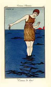 Images Dated 18th April 2019: Woman in swimming costume in the sea with crab, 1913