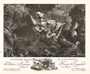 Voyeur Prints: Woman on a swing flying over a fop, 18th century