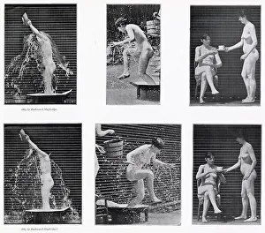 A woman taking a shower and having tea. Date: 1887