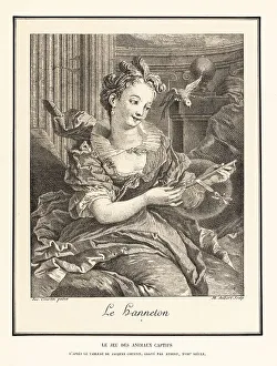 Aubert Prints: Woman teasing a parrot with a captive beetle, 18th century