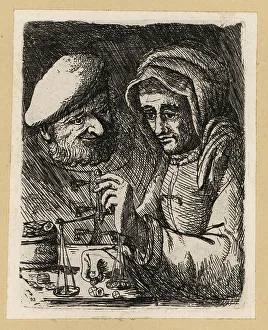 Rembrandt Prints: Woman in veil with balance scales, watched by a bearded man, Sco