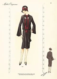 Woman in velvet afternoon dress and cloche hat with buckle