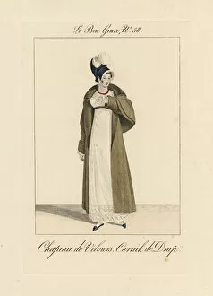 Plumes Collection: Woman in velvet bonnet and long carrick coat with pelerines