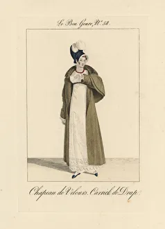 Woman in velvet bonnet and long carrick coat with pelerines Woman in velvet bonnet and long carrick coat with pelerines