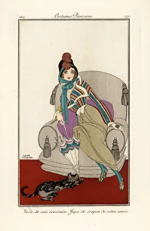 Images Dated 10th April 2019: Woman in vest of Scottish silk vest, crepe cotton skirt