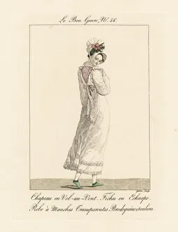 Woman in vol-au-vent bonnet and dress with Woman in vol-au-vent bonnet and dress with
