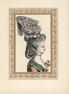 Woman in a Voltaire bonnet on a high hairstyle